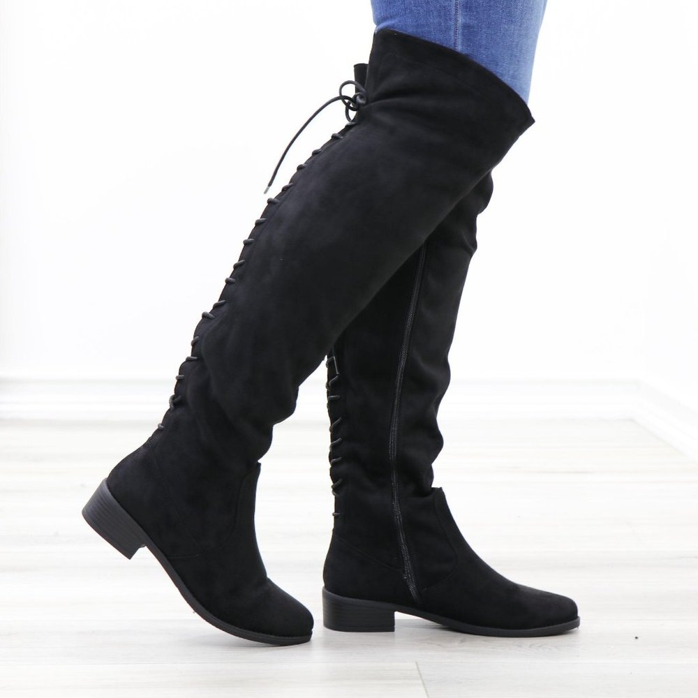 Low Heel Faux Suede Black Thigh High Boots - Picture 13 of 14